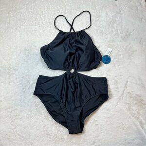 Decree Black Cutout Textured Ribbed One Piece Swimsuit Halter Neck Tie Open Back